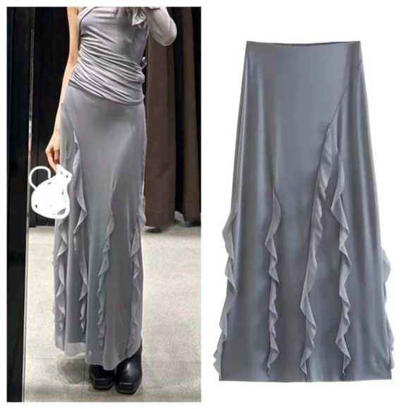 NWT Zara gray tulle Ruffle Mesh Maxi Pencil skirt S Y2K style chic - Picture 2 of 8